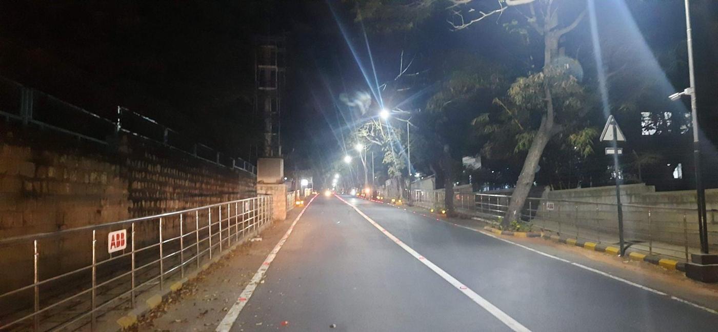 ABB model road in Bengaluru at night with LED street lights