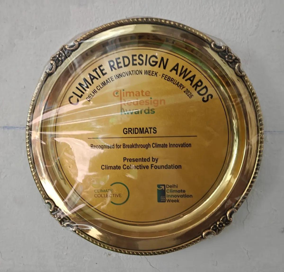 Climate Redesign Award plaque for GridMats, Breakthrough Climate Innovation, presented by Climate Collective Foundation